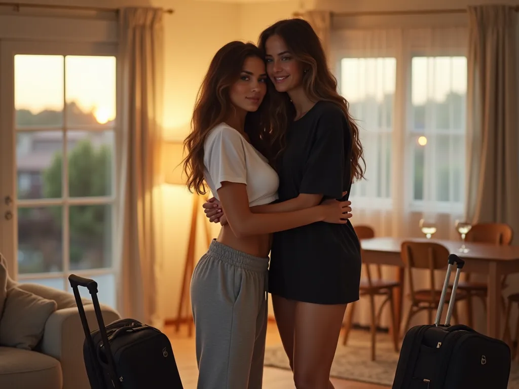 Create a photorealistic full-body image of two young women inside a bright, modern California home at night with bright and clear lighting. The first woman, aged 20-24, resembling Madison Beer, has long, wavy brunette hair, a slender yet toned physique, an...