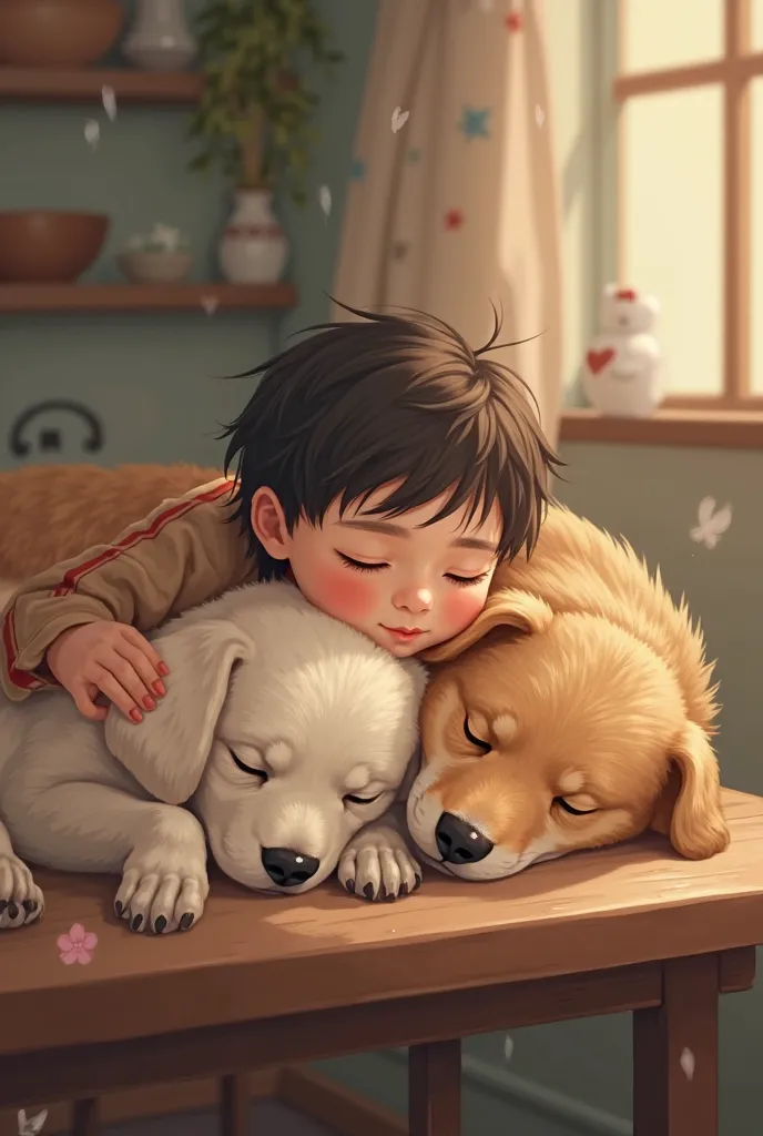 a boy and dogsleeping ontable cutely