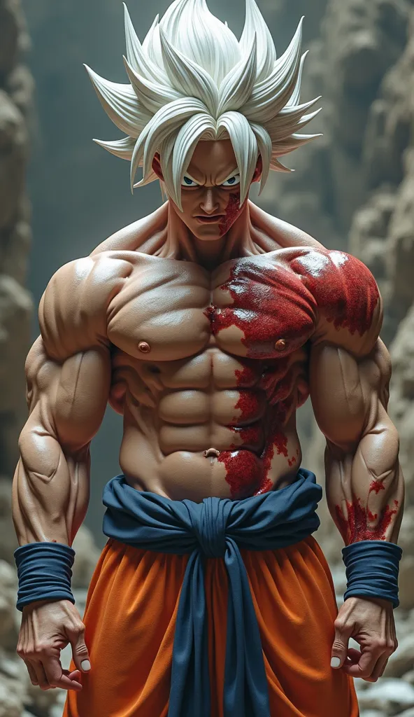 Goku ,Muscular , Marvel style , bleeding,  mouth shut, high resolution, Necessary, Awarded multiple times, High Details,  Textured Skin , white hair, tattooed, Vein of anger, OctaneRender 8K,  realism, 