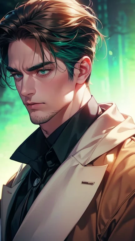 (  best quality,4K,8k,   highres,  masterpiece :1.2),  breasts  ,(Realistic,photoRealistic,photo-Realistic:1.37),36-year-old man,3 day beard,Beautiful anime,Portraits,strong,masculine,      with dark hair  ,sharp jaw,       mesmerizing green eyes   ,    pe...