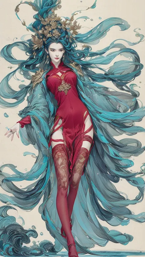 A beautiful female general，with long, layered aqua blue hair, exquisite facial features,  melancholy expression,  with exquisite bright eyes , Very charming, A slender and graceful figure dancing like a splash of water in the wind, gorgeous fantasy style t...