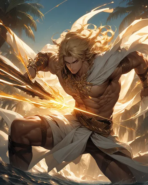 "A highly detailed, semi-realistic fantasy illustration of a muscular, handsome young warrior with long, flowing blonde hair, drawing a glowing golden arrow from an intricately designed divine bow. He wears a white cloth around his waist, secured with a go...