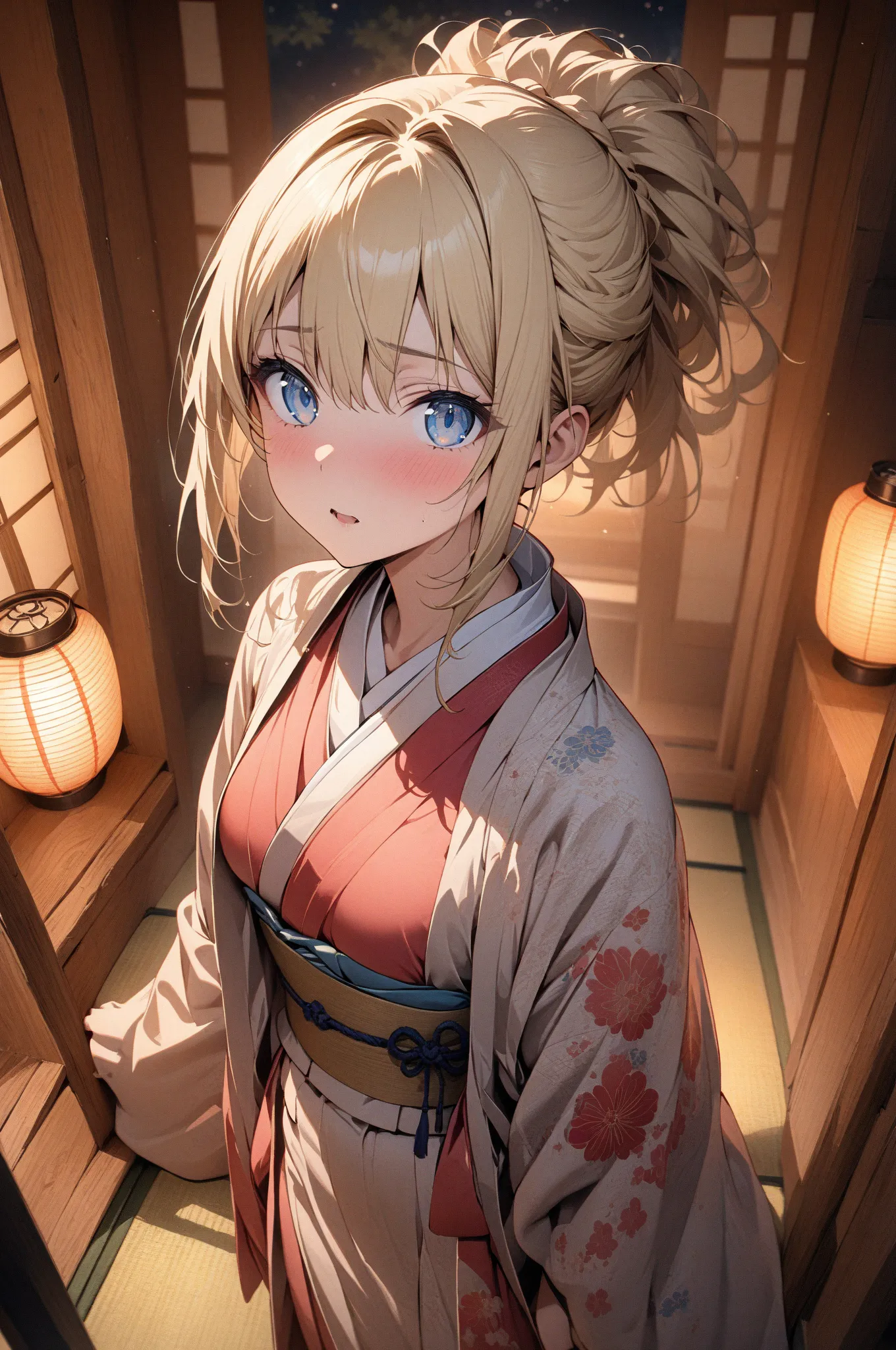 (masterpiece, detailed:1.2), One Girl, Princess, (18-years old), blonde one updo, Medium Breasts, sky blue eyes, BREAK, Highest quality, Tatami room, Japanese room, Kimono, at night, lantern, from above