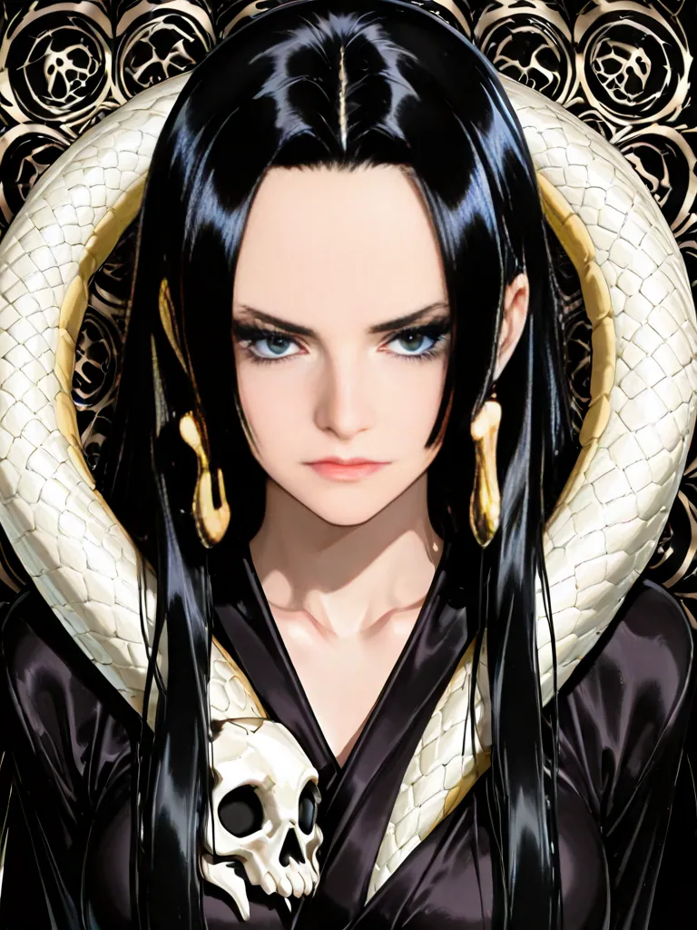 (((masterpiece+best quality+high resolution+ultra-detailed))), boa hancock, long silky black hair, high nose, sharp eyes, noble and inviolable temperament, (([female]: 1.2 + [beauty]: 1.2 + black long hair: 1.2)), snake_skull background, bright eyes, dynam...