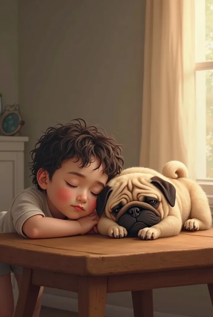 a boy and a one pug dog sleeping on table beside each other