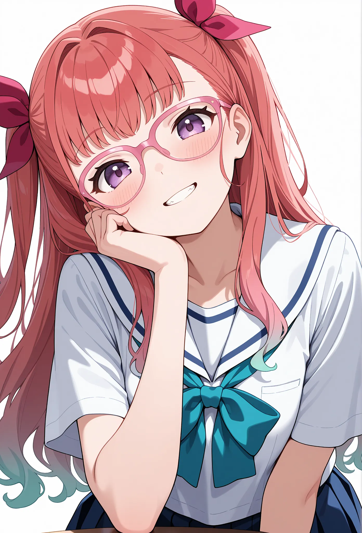 serafuku, yuamu ohdo, 1girl, solo, smile, looking at viewer, hand on own cheek, head tilt, blush, closed mouth, white background, two side up, hand up, upper body, red hair ribbon, blue pleated skirt, white sailor shirt, pink-framed eyewear,teeth
masterpie...