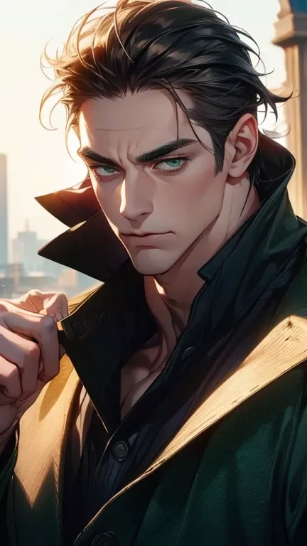 (  best quality,4K,8k,   highres,  masterpiece :1.2),  breasts  ,(Realistic,photoRealistic,photo-Realistic:1.37),36-year-old man,3 day beard,Beautiful anime,Portraits,strong,masculine,      with dark hair  ,sharp jaw,       mesmerizing green eyes   ,    pe...