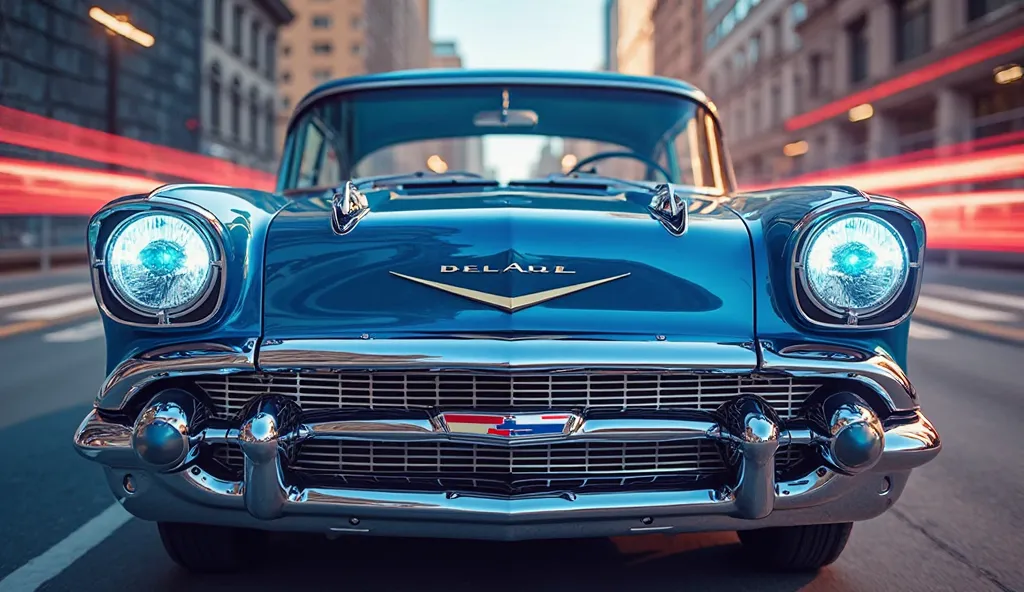 An eye-catching thumbnail featuring the 2025 Chevrolet Bel Air in glossy blue, positioned at a dramatic three-quarter front angle. The car's LED headlights shine brightly, and the chrome grille reflects sunlight. The background features a blurred cityscape...