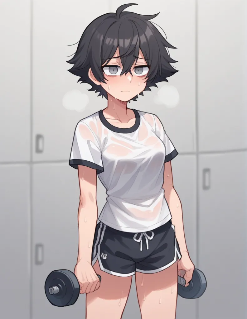  a girl, Alone, PKA , black fur, short hair,  messy fur , choke, regions, regions por todo el cuerpo,  gray eyes, empty eyes, Sad eyes, blind,  very nervous ,  Slight Smile, maid, 
 exercise clothes, mini sports shorts, short black , sweaty sports shirt, s...