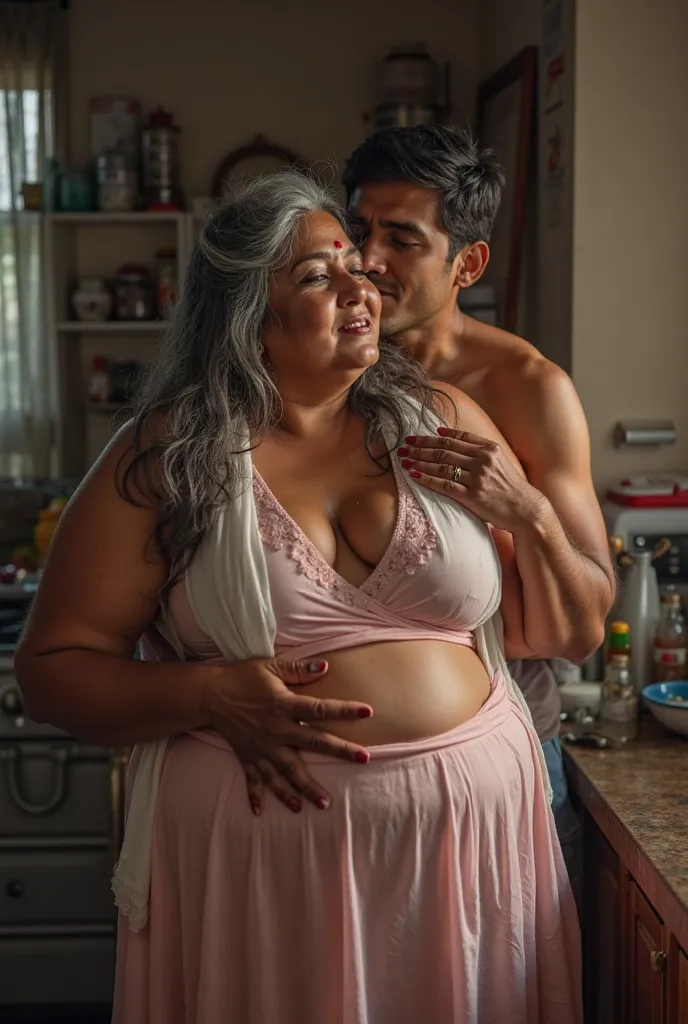 intimate kissing scene of a Hot Voluptuous mature milf as old chubby aunty voluptuous indian woman with long, flowing salt-and-pepper very Curley hair cascading gracefully over  with Dusky Skin is washing dishes in the kitchen, she is wearing Pink nighty a...