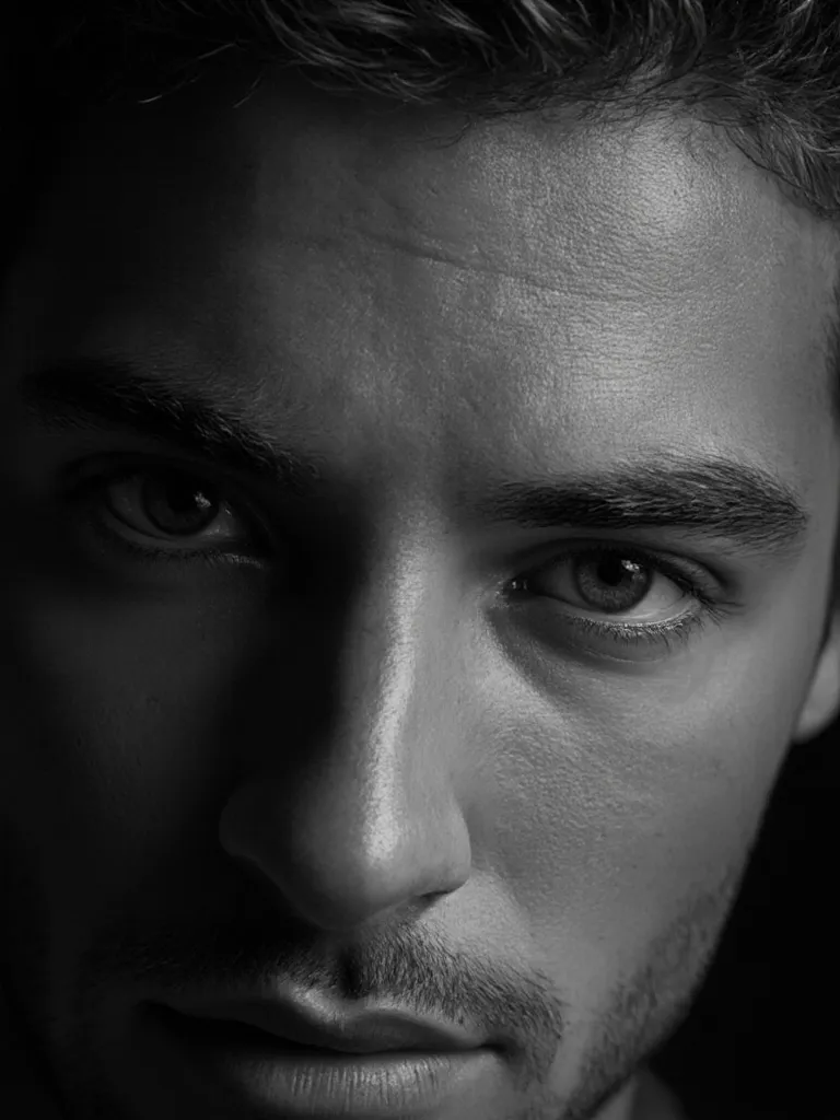 Hyperrealistic black and white close-up of a man’s eyes, showcasing sculpted eyelids post-blepharoplasty, soft skin texture, dramatic lighting to highlight symmetry and elegance, artistic tones, professional studio finish.