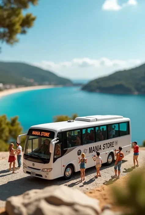 "A studio photo of miniature people walking around a tour bus with 'MANIA STORE' written on the side, set against the stunning backdrop of Fethiye. The tiny people, dressed in casual summer clothing, are admiring the bus, taking photos, and exploring the s...