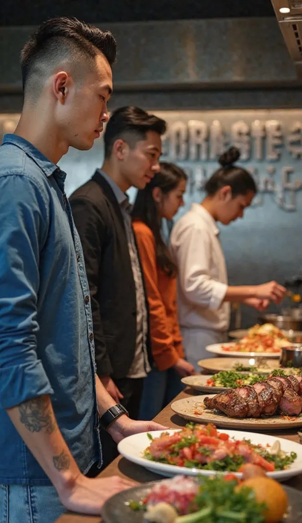 "real photo profession realistic three men and one young Korean woman aged 22 years standing in the landscape of the kitchen space" master CHEF ". The first man; black hair slicked-back undercut hairstyle, wearing a blue long-sleeved shirt, wearing a black...