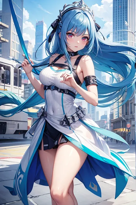 Arya, goddess of victory Nike,  Fast  , turquoise blue hair,  alluring eyes ,beautiful  face ,  crystal red eyes  ,   long hair  , with open shoulders top , blue color , bust neckline ,white color plain ribbed mesh, g cup chest , thin waist,  charming thig...