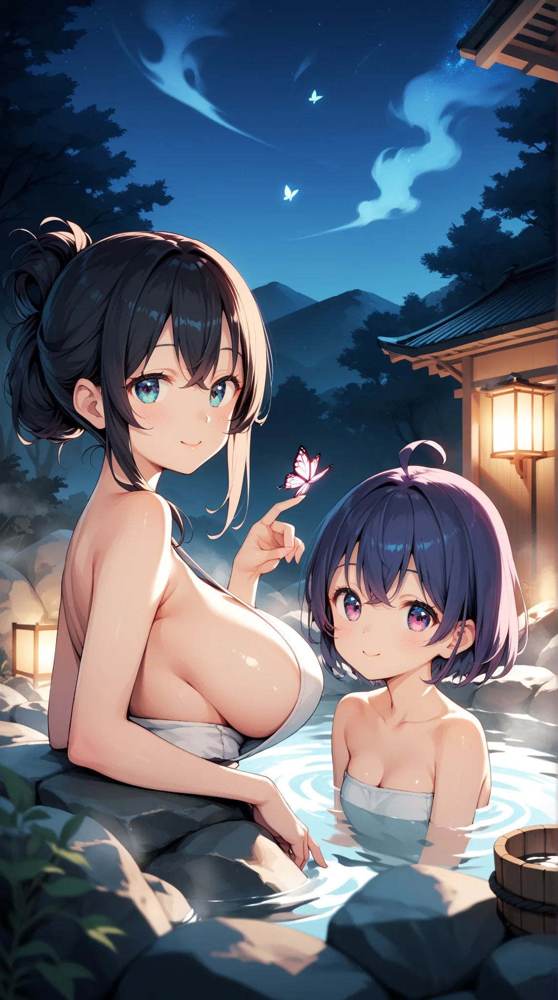  MASTERPIECE , best quality , Japanese , cute face , Age 25 , ( Symmetrical Clear Eyes:1.3) , shining eyes , watching viewers , hot spring,hot springに肩まで浸かる,big breasts,  beautiful night sky,Butterflies fluttering in the sky