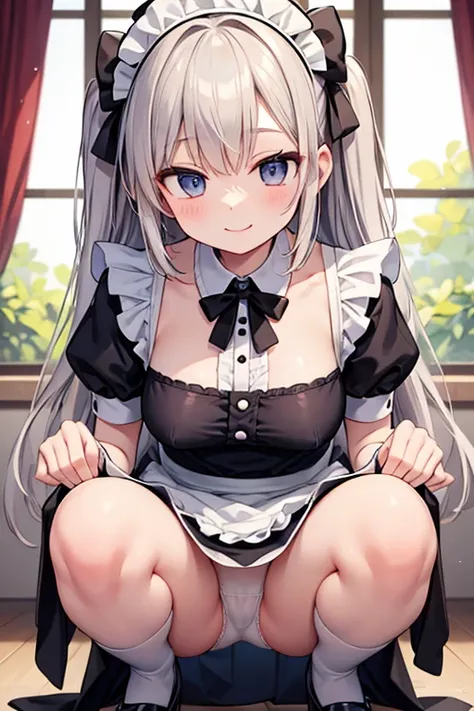  height 155 cm　maid clothes　Listening to orders　　smile　squatting　opening her legs to seduce　white panties visible
