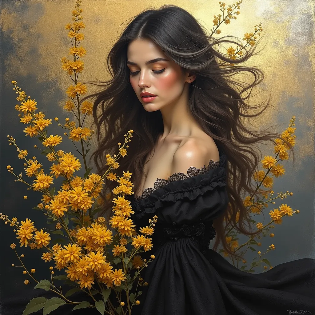 Perfect and detailed realistic background for women's day in HD, half black and white and half color of a painting made with gold and silver blurred brush strokes, artistic style effect and mystical effects around, image of mimosa and a beautiful brunette ...