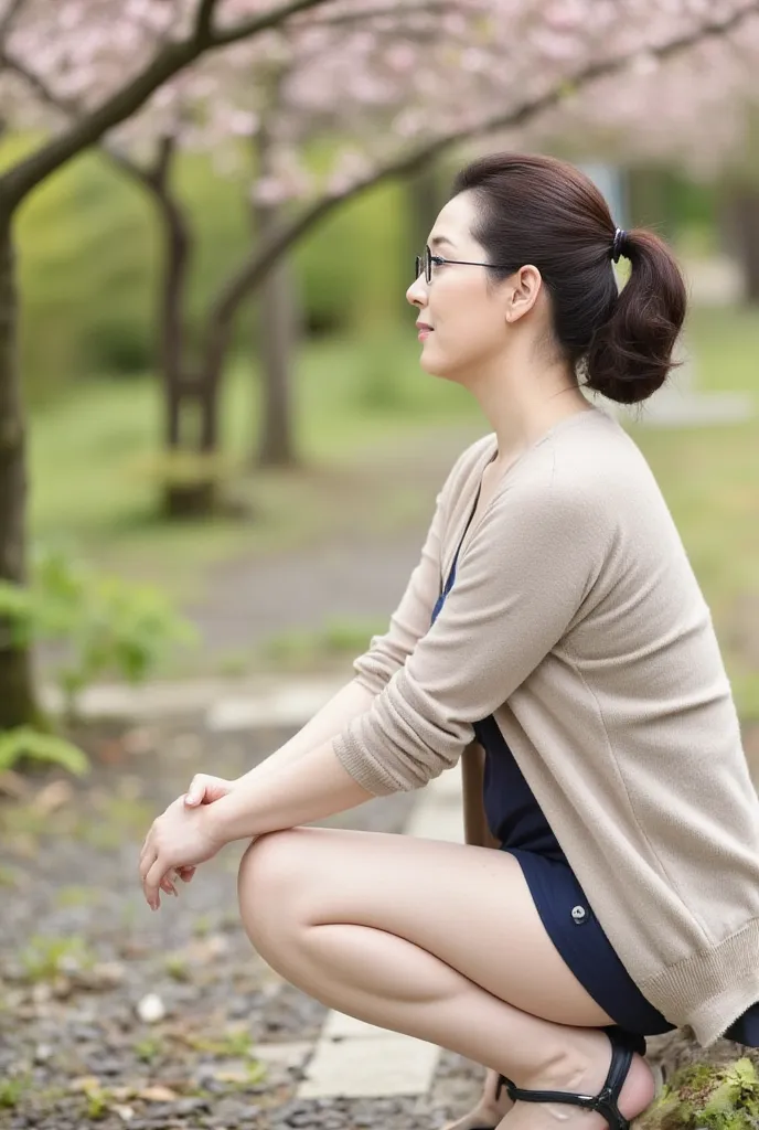 Tohoku aunt at the plum garden in early spring，Plum blossoms in full bloom，sparse green， Organic Photography 、 （telephoto lens：1.7），best quality 、  masterpiece 、 super high resolution 、46 years old、elegant face、 is wearing glasses，Wear bottoms，with clothes...