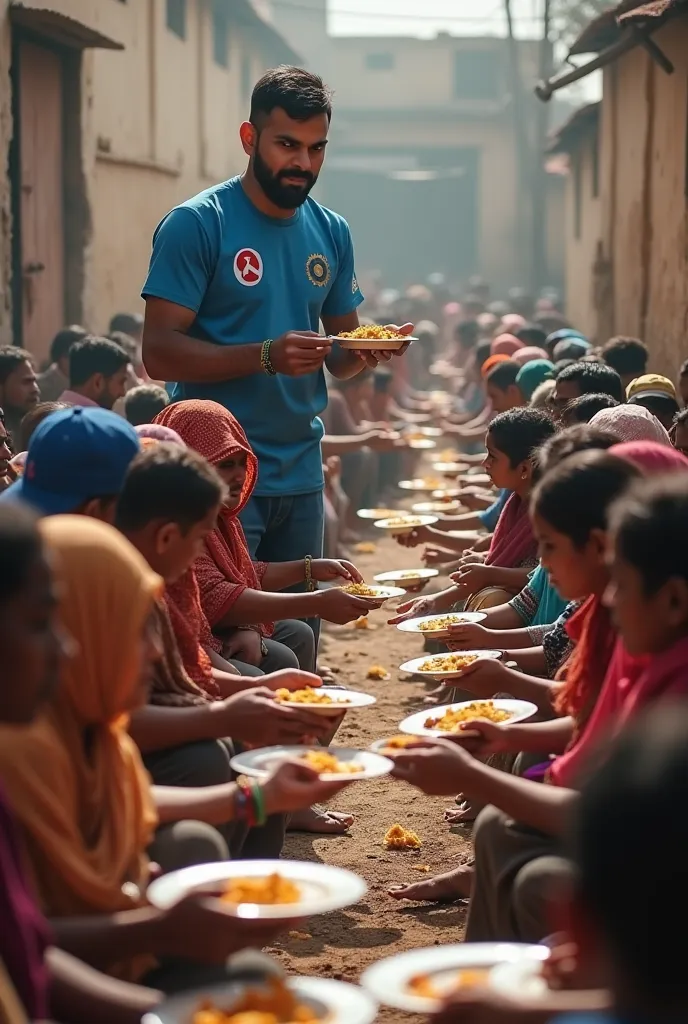 Virat Kohli is distributing food to the poor. In the photo, the poor are eating in two rows.