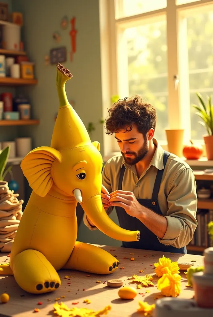 A man making a banana elephant 