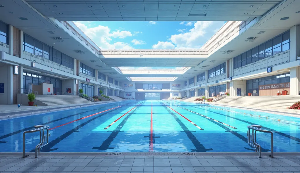 A large indoor swimming pool with multiple swimming lanes and diving boards, no people, anime style picture, eye level shot