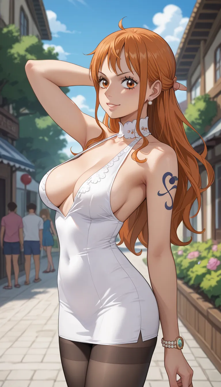 score_9, score_8_up, score_7_up,  source_ anime、top quality、8k、 masterpiece、super high resolution、natural light、perfect anatomy in the flower park、one woman、saggy breasts、one piece、Nami、orange hair、 orange eyes 、cute、(party dress、 high neck、neck slit)、pant...