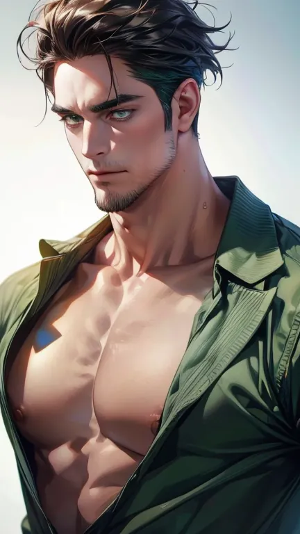 (  best quality,4K,8k,   highres,  masterpiece :1.2),  breasts  ,(Realistic,photoRealistic,photo-Realistic:1.37),36-year-old man,3 day beard,Beautiful anime,Portraits,strong,masculine,      with dark hair  ,sharp jaw,       mesmerizing green eyes   ,    pe...