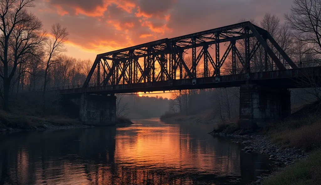 A foreboding scene of an old, rusted railway bridge spanning over dark, still water at sunset. The sky is a deep orange and purple, with shadows creeping in. The bridge's structure is twisted and decayed, with overgrown vines and graffiti. The water below ...