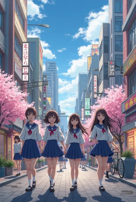 High school girls in cute sailor suits walking the streets of Tokyo