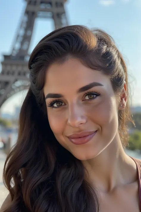 A hyper-realistic portrait of the most beautiful French woman, smiling, in front of eiffel tower, blue eyes, dark hair, sweet lips, parisian nose, thick eyebrows, eyebrows lift, detailed skin, long hair. 

Featuring a beautifully detailed face with captiva...