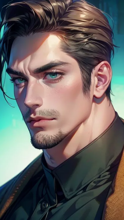 (  best quality,4K,8k,   highres,  masterpiece :1.2),  breasts  ,(Realistic,photoRealistic,photo-Realistic:1.37),36-year-old man,3 day beard,Beautiful anime,Portraits,strong,masculine,      with dark hair  ,sharp jaw,       mesmerizing green eyes   ,    pe...