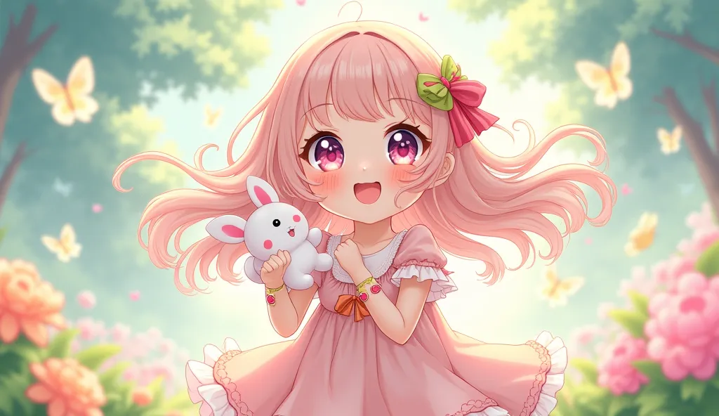 A cute and joyful  in anime style, radiating pure happiness. She has big, sparkling eyes full of wonder and excitement. Her long, flowing hair is soft and wavy, adorned with a colorful ribbon on one side. She wears a sweet, pastel-colored dress with playfu...