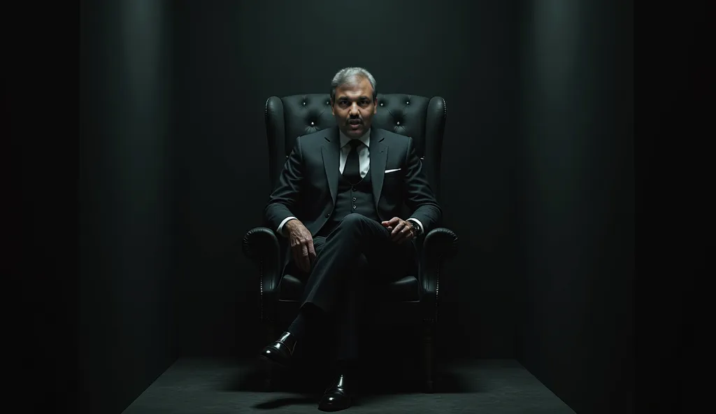 arafed man in a suit sitting in a chair in a dark room. Front side view. 