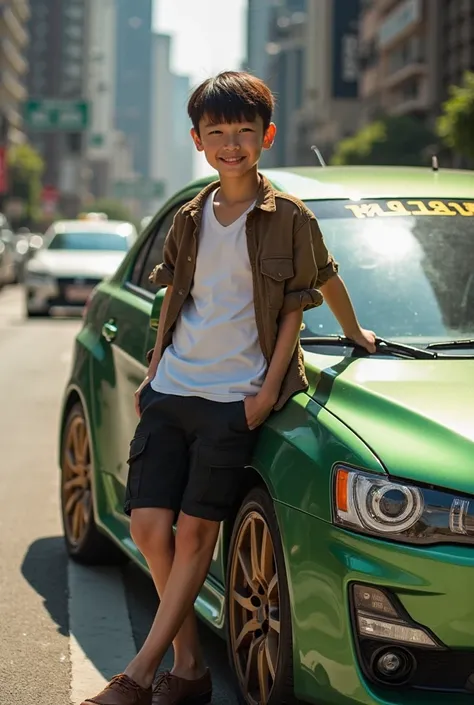 An Indonesian boy, 155 cm, clear face, under smooth hair ,  is worth,  leaning against the door of his Mitsubishi Lancer Evo 8 ,  in a white casual shirt ,  over which a brown casual cargo shirt ,  and in black casual cargo shorts ,  in brown shoes ,  is w...