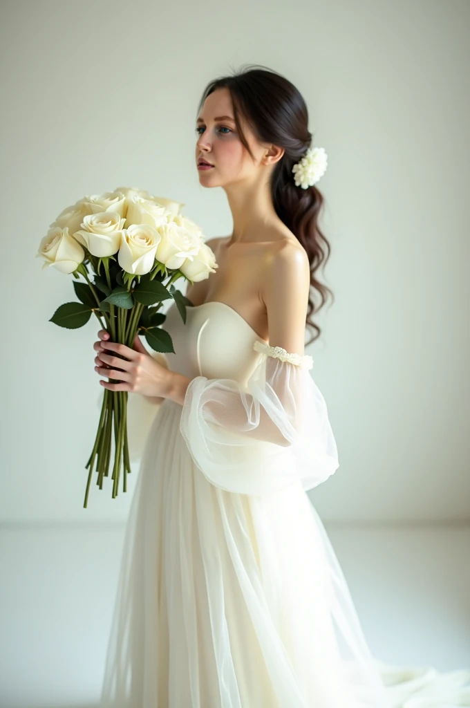  woman , in a white fluffy dress, stands against a neutral background, holds white roses in his hands