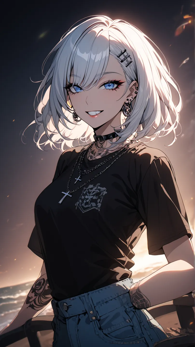 1 woman, Holo-Punk Style, Milf hair White hair, blue eyes,  earrings, Blink, ssmile,  Right on the beach ,  jewelry, Lips, the image,  necklace with cross , Shirt, short hair, Short-sleeved, ssmile, freestanding , open black jacket, Shirt branca , tattoo, ...