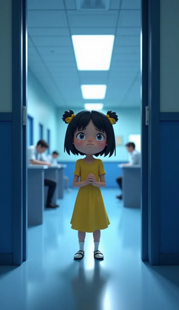 Create a wide-shot, Disney Pixar-style 3D render of the  entering a police station, her expression filled with sadness and uncertainty. She has short black hair tied with small bows (xuxinhas) and is wearing a bright yellow dress, which contrasts with the ...