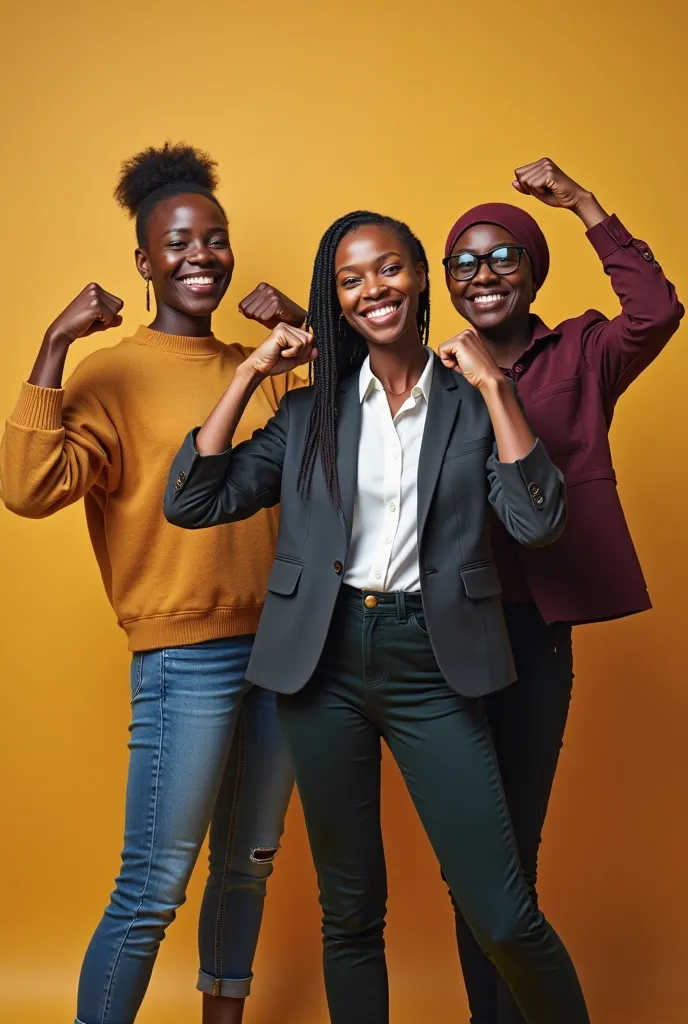 a realistic visual of 4 diverse black women, one should be an older African woman with african attire, one should be a Muslimah, one should wear a corporate work outfit, and the forth should be a university student. all of them doing a muscle flex sign and...