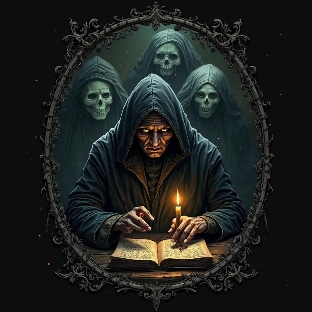 "A spooky, vintage-style logo of a sinister storyteller sitting by candlelight, reading an ancient, cursed book. The background is dark with ghostly faces emerging from the shadows."