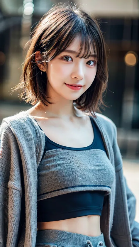 (full body:1.2)(black crop top:1.2)、(gray sweat pants:1.2)オアシス、cheerful (moist  eyes:1.2),Very cute face, ,(hair black:1.1), high resolution, RAW Photos,  photo book１page, Surreal, (short hair:1.4)８K-photo, Portrait, detailed, Sharply detailed eyes, 