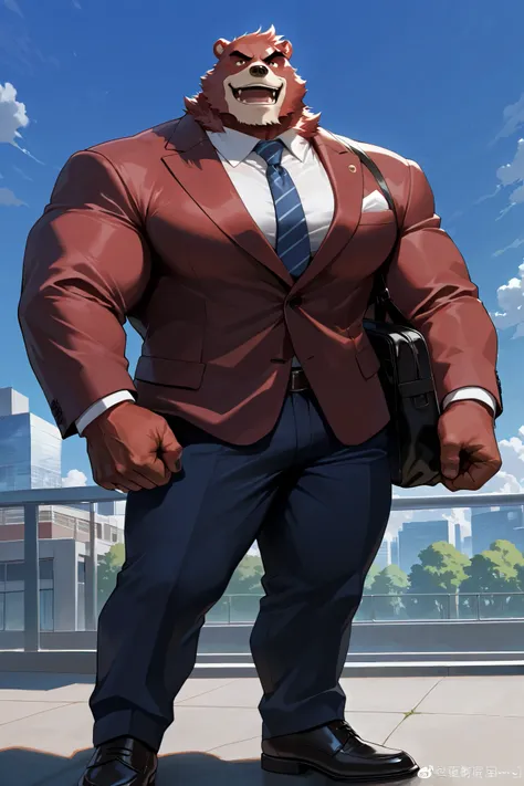 solo, 1boy, muscular, kumatetsu:1.3, red bear, very huge pectoral, pants, wearing suits, detailed face, blue sky, tokyo, smile, detailed eyes, wide shoulder, thick arms, wide pectoral, muscle, short hair:1.2, detailed eyes, focus eyes, shirtless, masterpie...