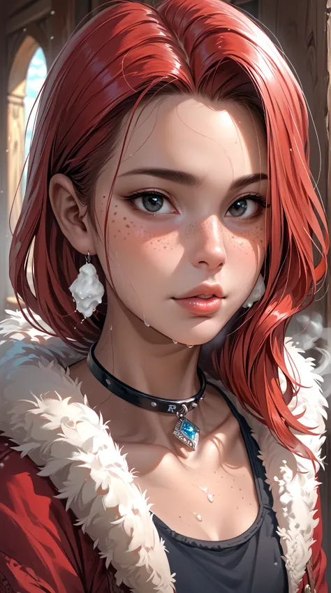 A confident and strong 18-year-old girl,has a pair of black eyes,Ice cream wearing a collar ,wears a small furry red fur coat with her front open,radiates seductiveness。She has puffy lips,freckle,Both cute and charming,在cold中發抖,steam coming out and a hint ...