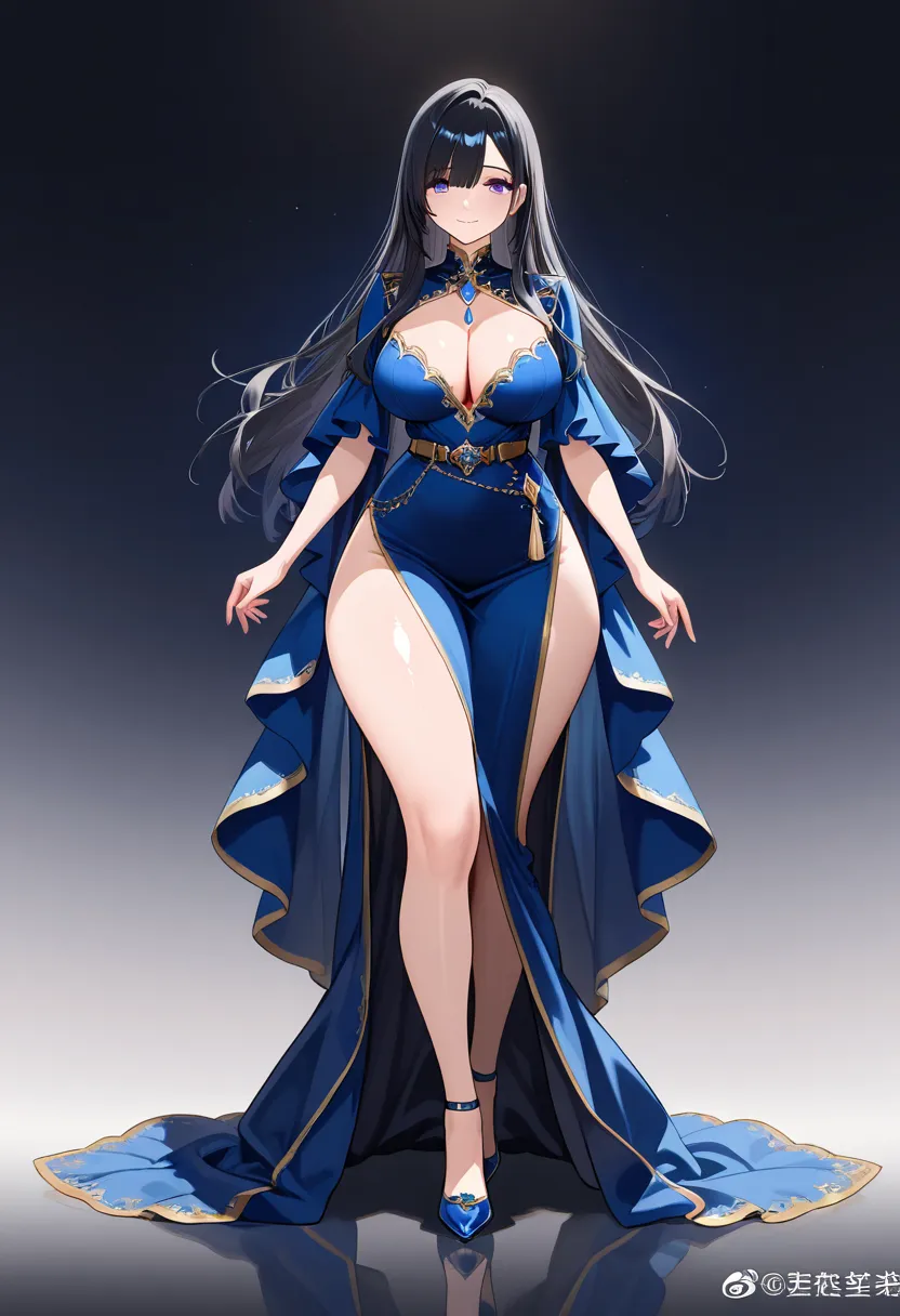 1girl, black hair, long hair, bangs, long bangs, blue eyes, large breasts, wide hips, thick thighs, shiny skin, dress, blue dress, belt, cleavage, skirt, high heels, purple eyes, gradient eyes, blue eyes, smile, light smile, standing, full body, (full body...