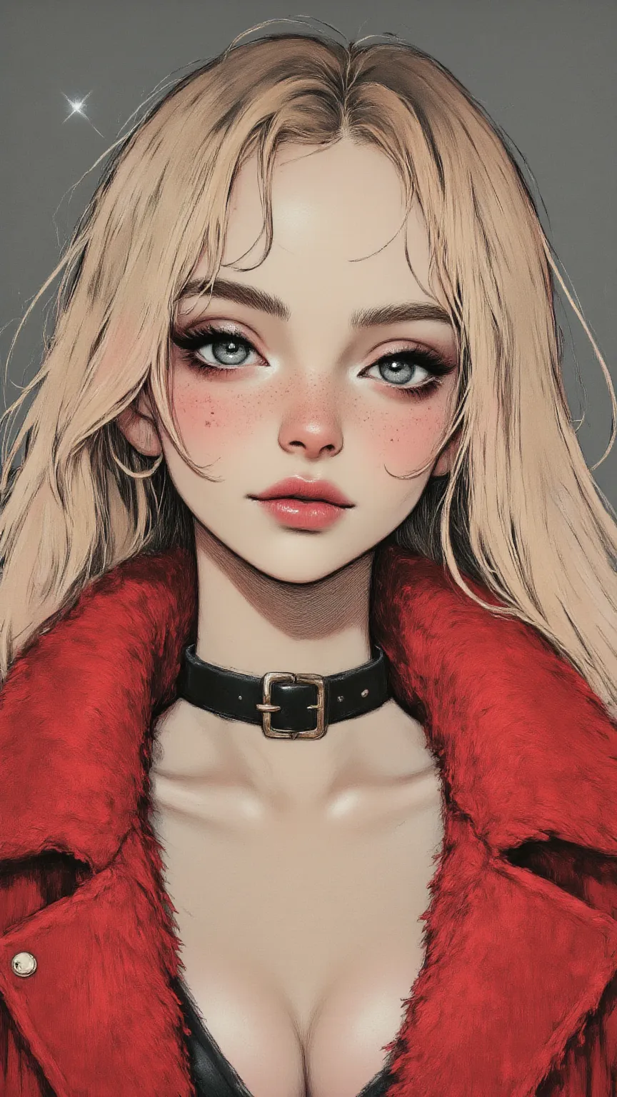 A confident and strong 18-year-old girl,has a pair of black eyes,Ice cream wearing a collar ,wears a small furry red fur coat with her front open,radiates seductiveness。She has puffy lips,freckle,Both cute and charming,在cold中發抖,steam coming out and a hint ...