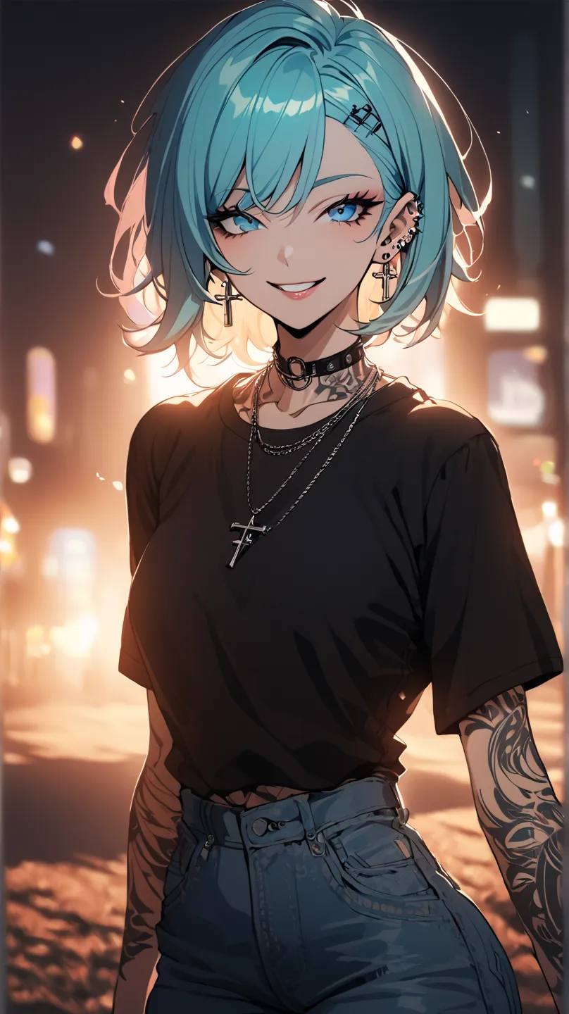 1 woman, Holo-Punk Style, Milf hair turquoise hair, sidecut, undercut,  blue eyes,  earrings, Blink, ssmile, in a park,  jewelry, Lips, the image,  necklace with cross , Shirt, short hair, Short-sleeved, ssmile, freestanding , open black jacket, Shirt bran...