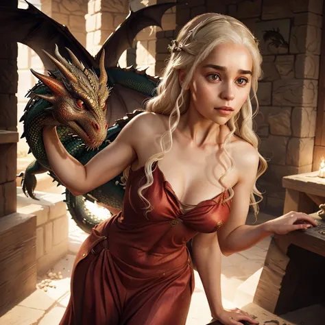 Close-up of a woman in a red dress, standing, with big breasts and blonde hair, with a dragon next to her, queen of dragons, dragon lady portrait, dragon queen, dragon lady, Daenerys Targaryen looks, amazing fantasy art, realistic fantasy artwork, detailed...