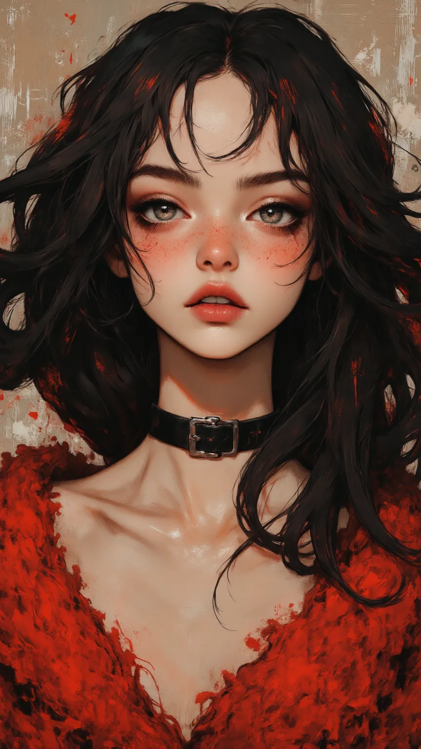 A confident and strong 18-year-old girl,has a pair of black eyes,Ice cream wearing a collar ,wears a small furry red fur coat with her front open,radiates seductiveness。She has puffy lips,freckle,Both cute and charming,在cold中發抖,steam exhaled and a sense of...