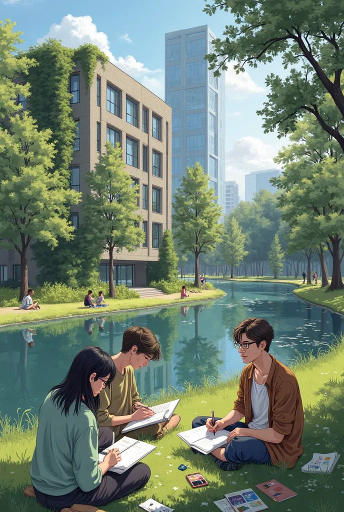 A tranquil scene on a university campus with a small pond surrounded by lush vegetation. The pond is quiet, with clear blue sky reflections and tall trees in the water. Around the pond , several students are sitting on the grass, each absorbed in their dra...