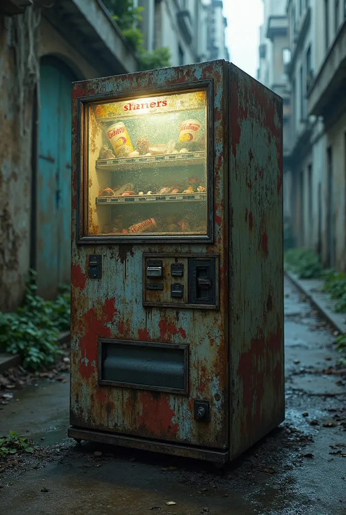 A sad and damaged vending automatic vending machine