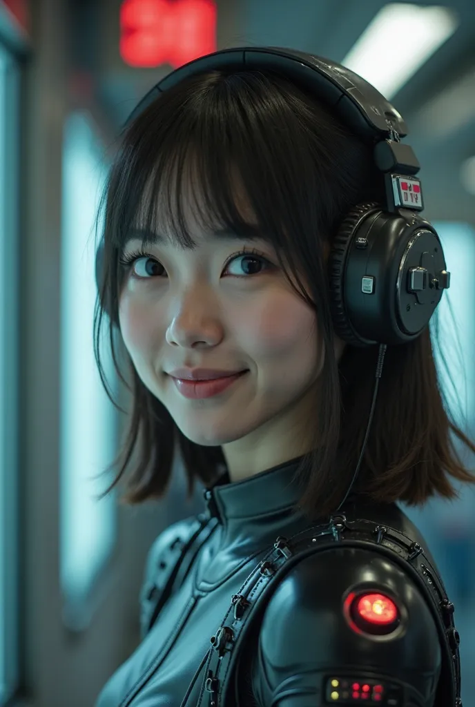 there is a woman with headphones on her ear smiling, cyberpunk headset, film screenshot, movie scene close up, movie still of a cyborg, vhs screencap, movie still of a cool cyborg, rings asuka iwakura station game, movie screenshot, movie still of the alie...